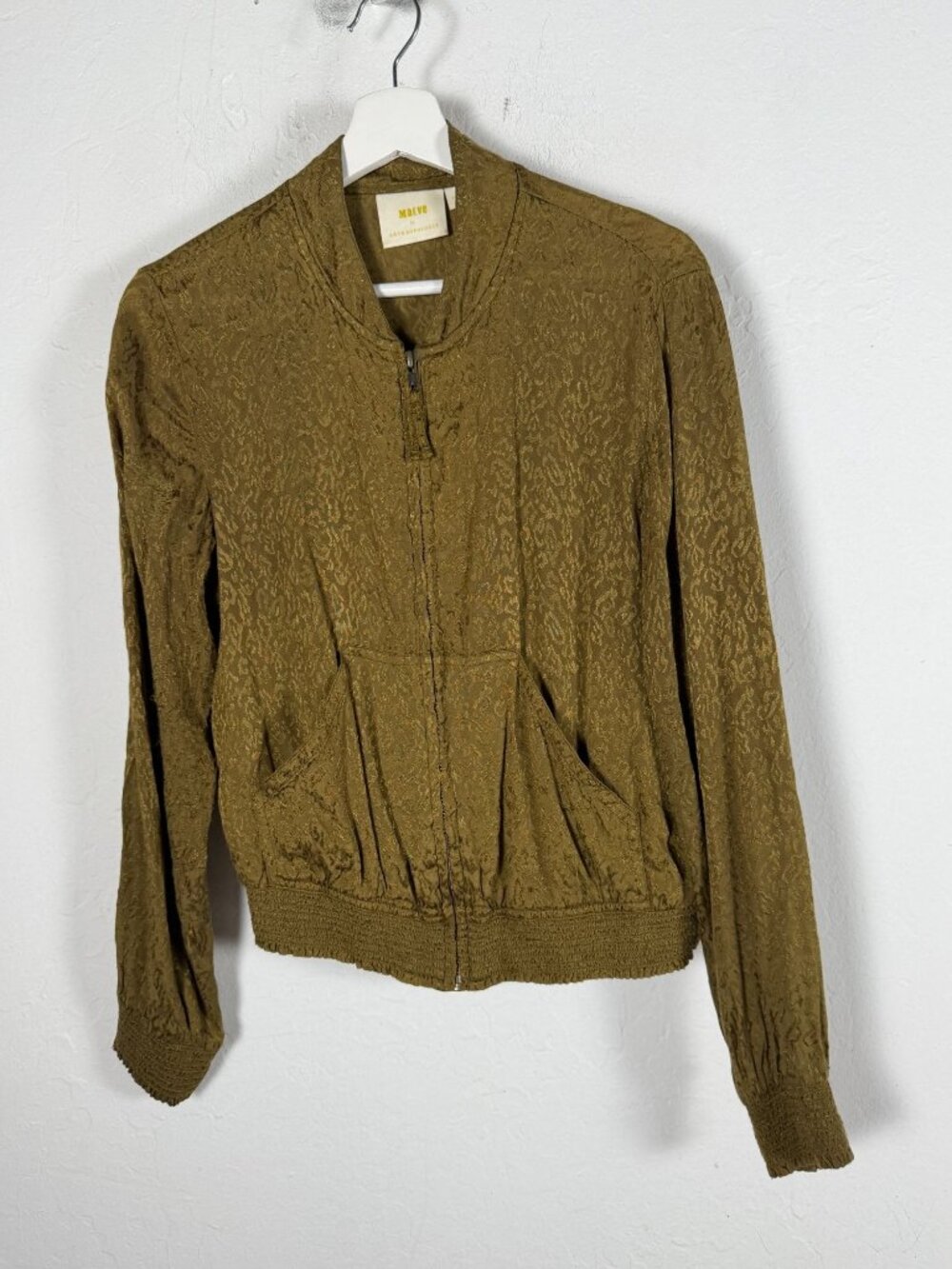 Maeve Anthropologie Bomber Jacket Womens XS Olive Green Leopard Zip Front Pocket